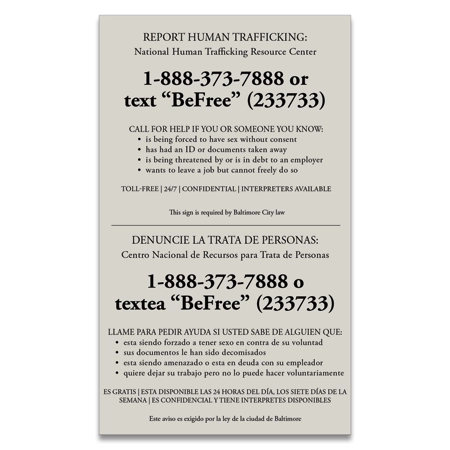 Baltimore MD Code - Human Trafficking Notice - Celtec Material