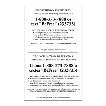Baltimore, MD Code - Human Trafficking Notice - Celtec Material