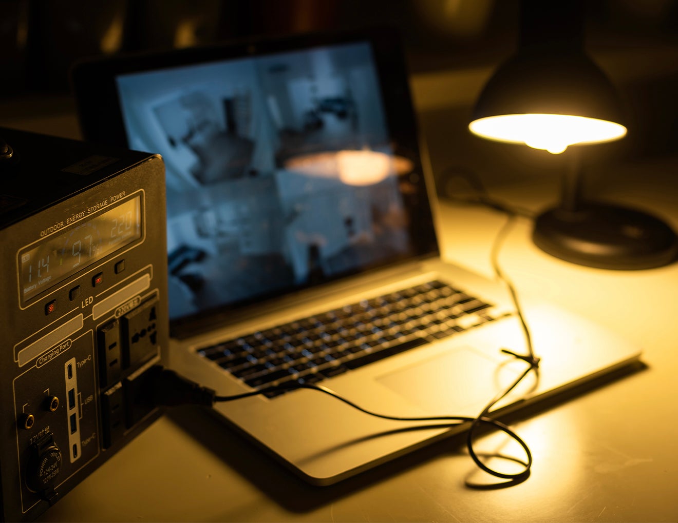 A laptop running on a battery backup power source
